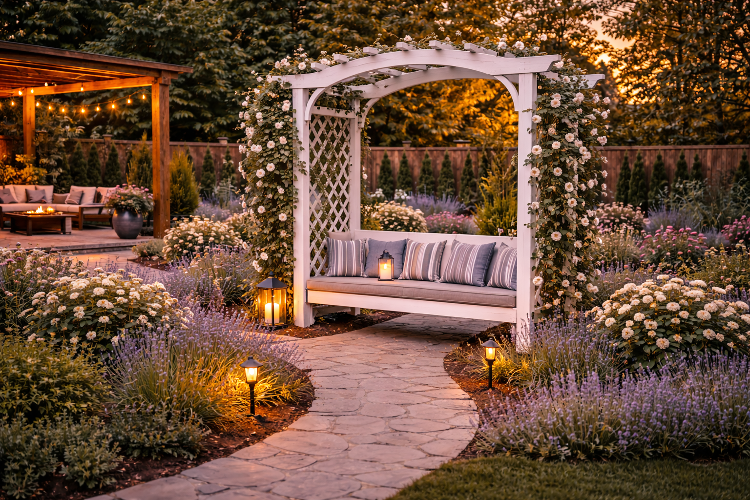 Garden arbor with bench placed along a backyard walkway with plants