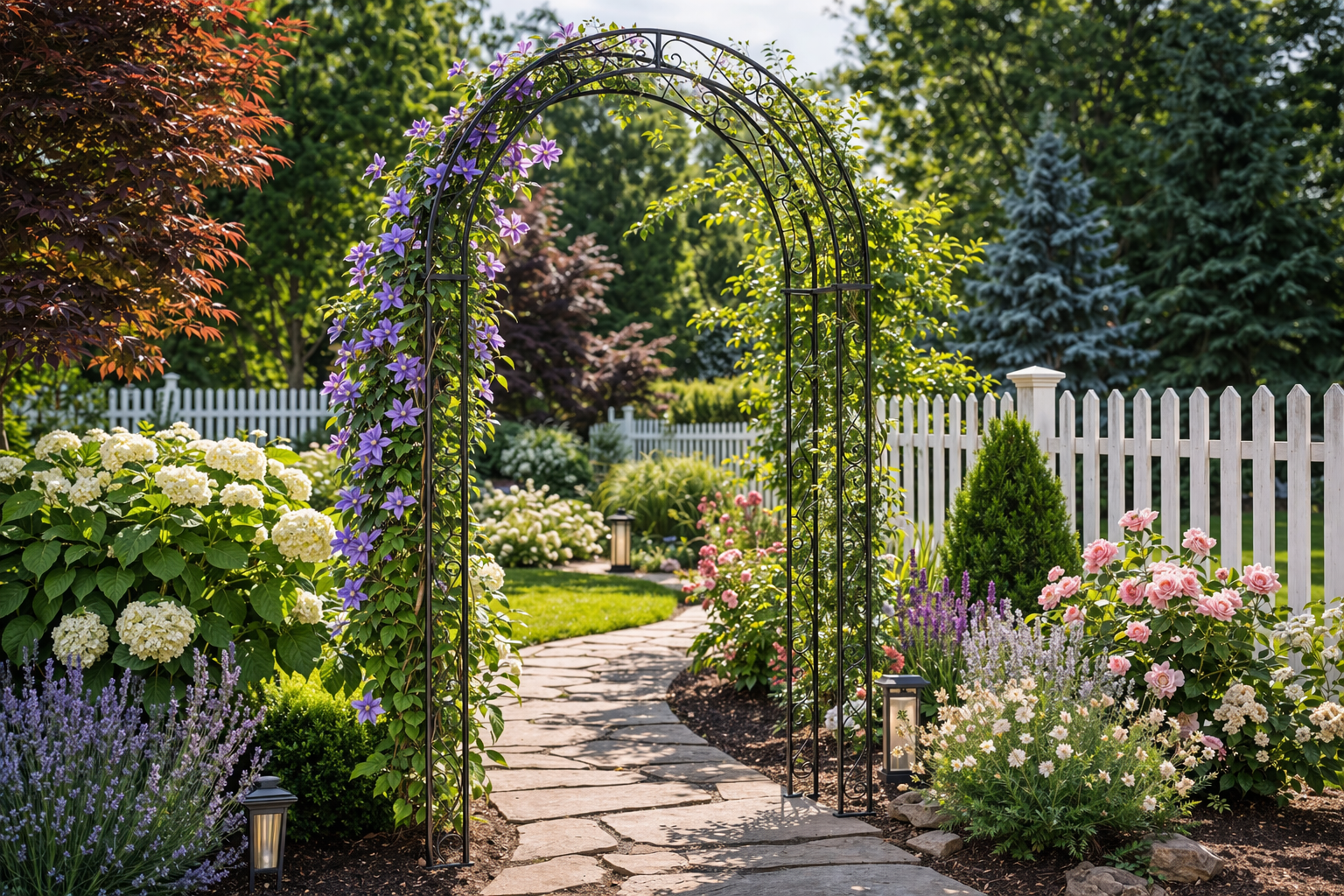Garden arch placed over walkway with climbing plants in backyard