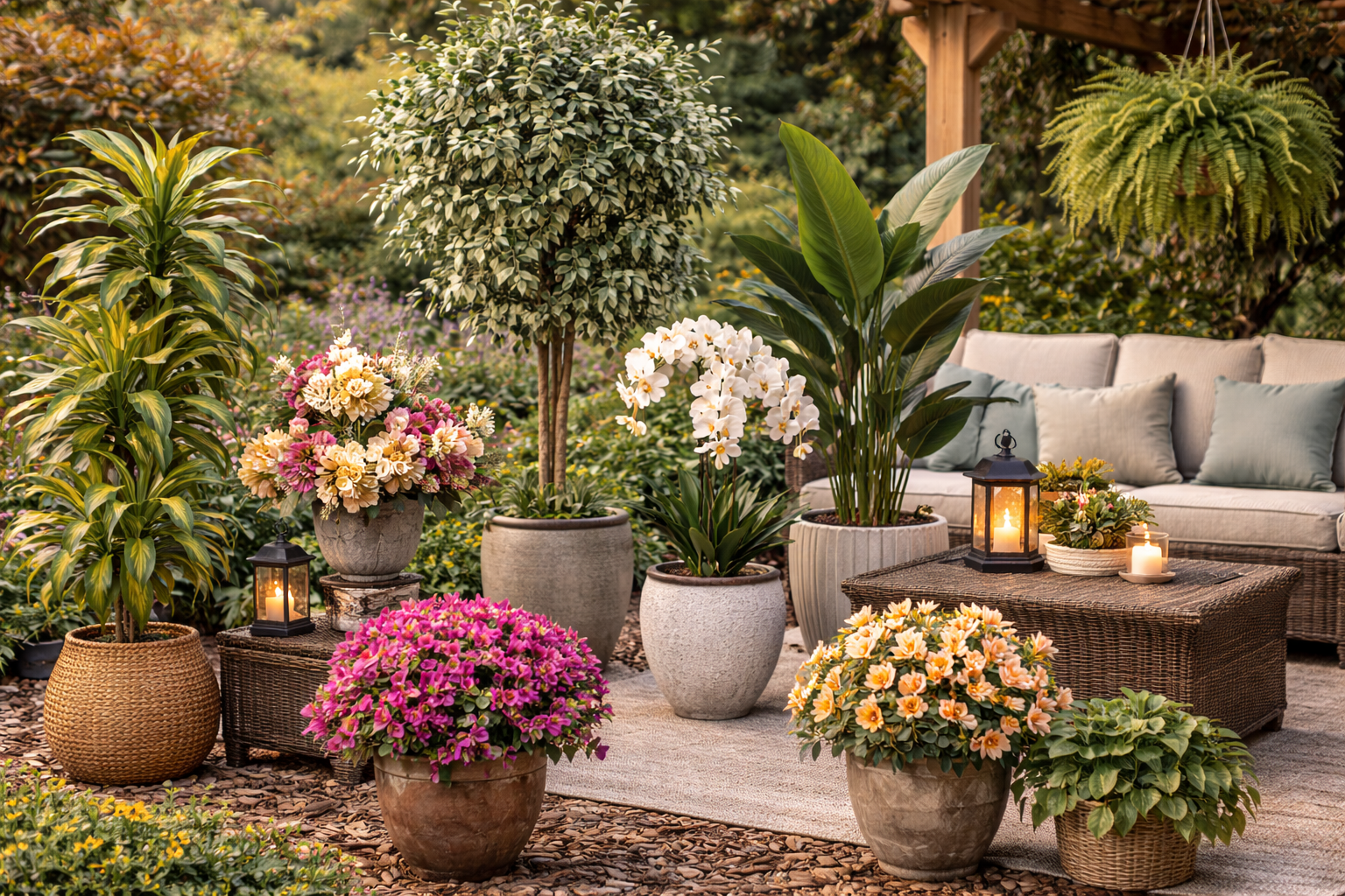 Artificial plants displayed on outdoor patio with planters