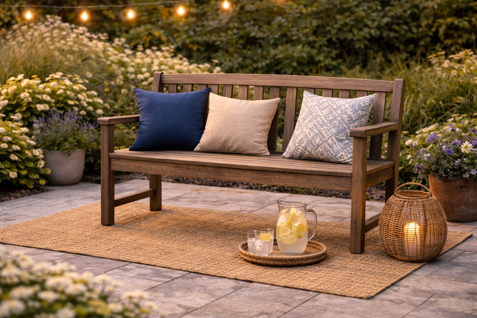 Outdoor patio bench placed along a garden path with surrounding greenery