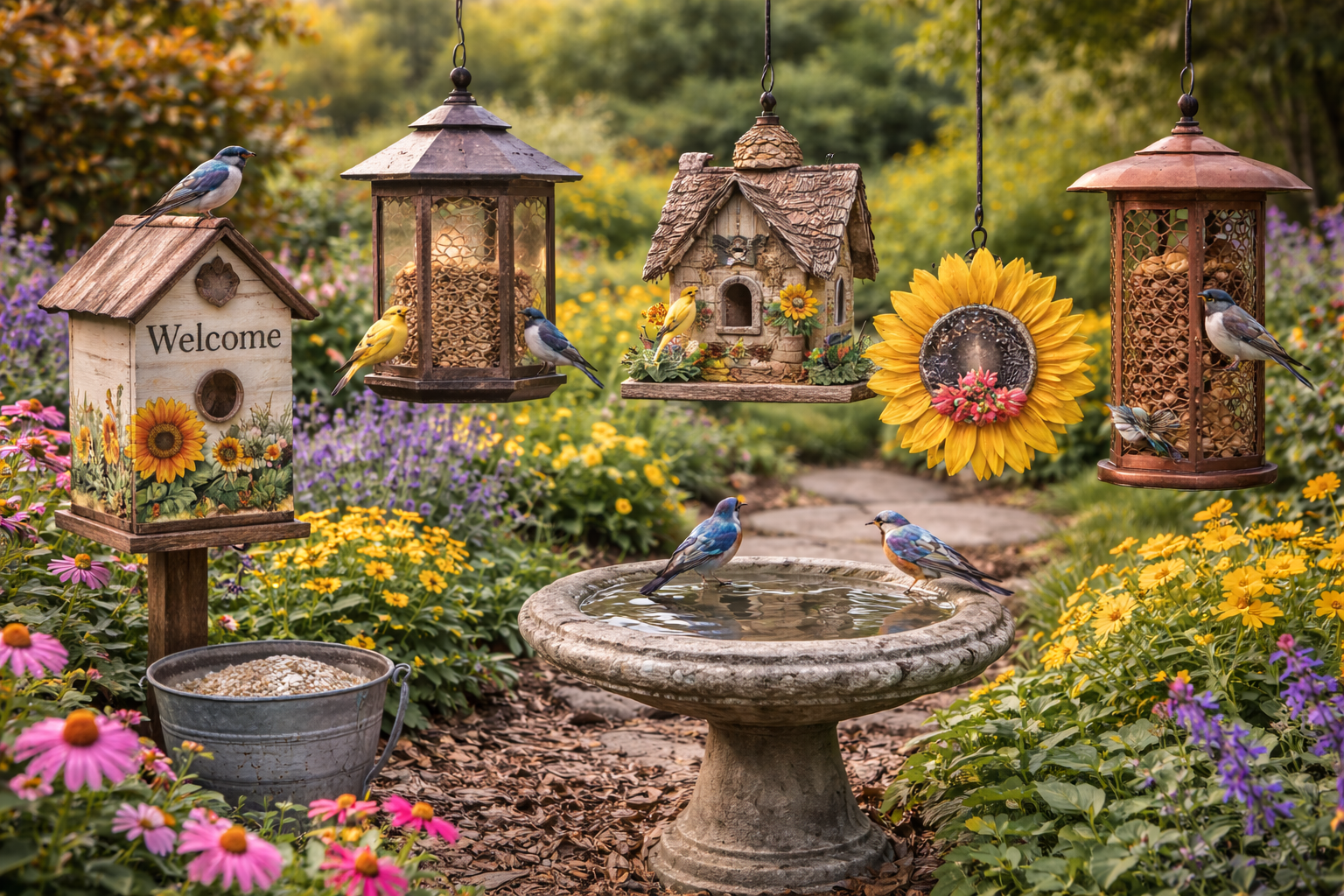 Bird feeders and birdhouses in garden setting with birds