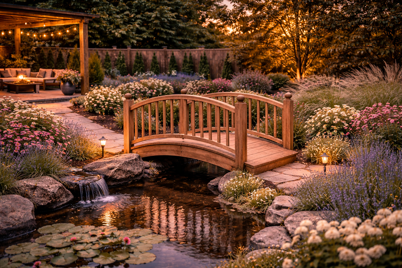 Garden bridge over small pond in landscaped backyard setting