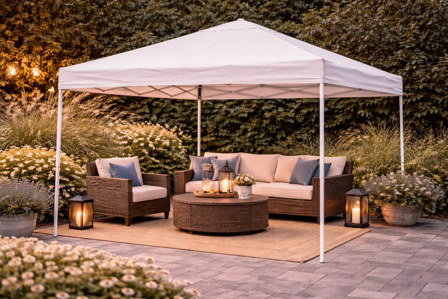Outdoor canopy tent providing shade over seating area in backyard