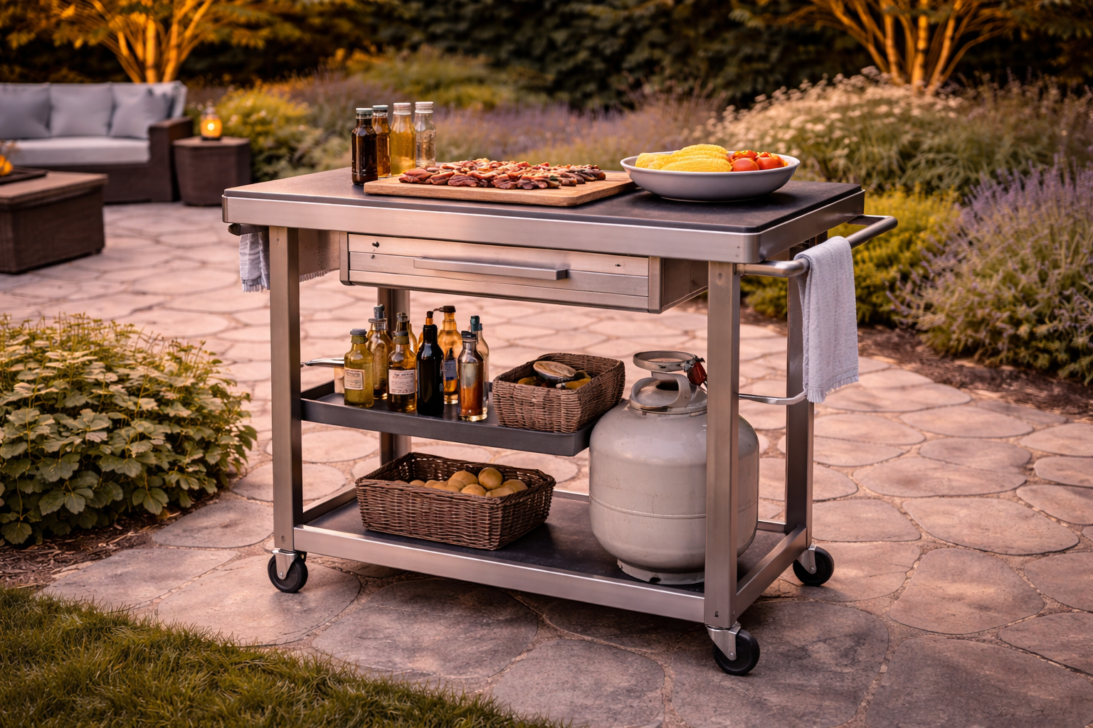 Outdoor cooking cart with prep space and storage on patio