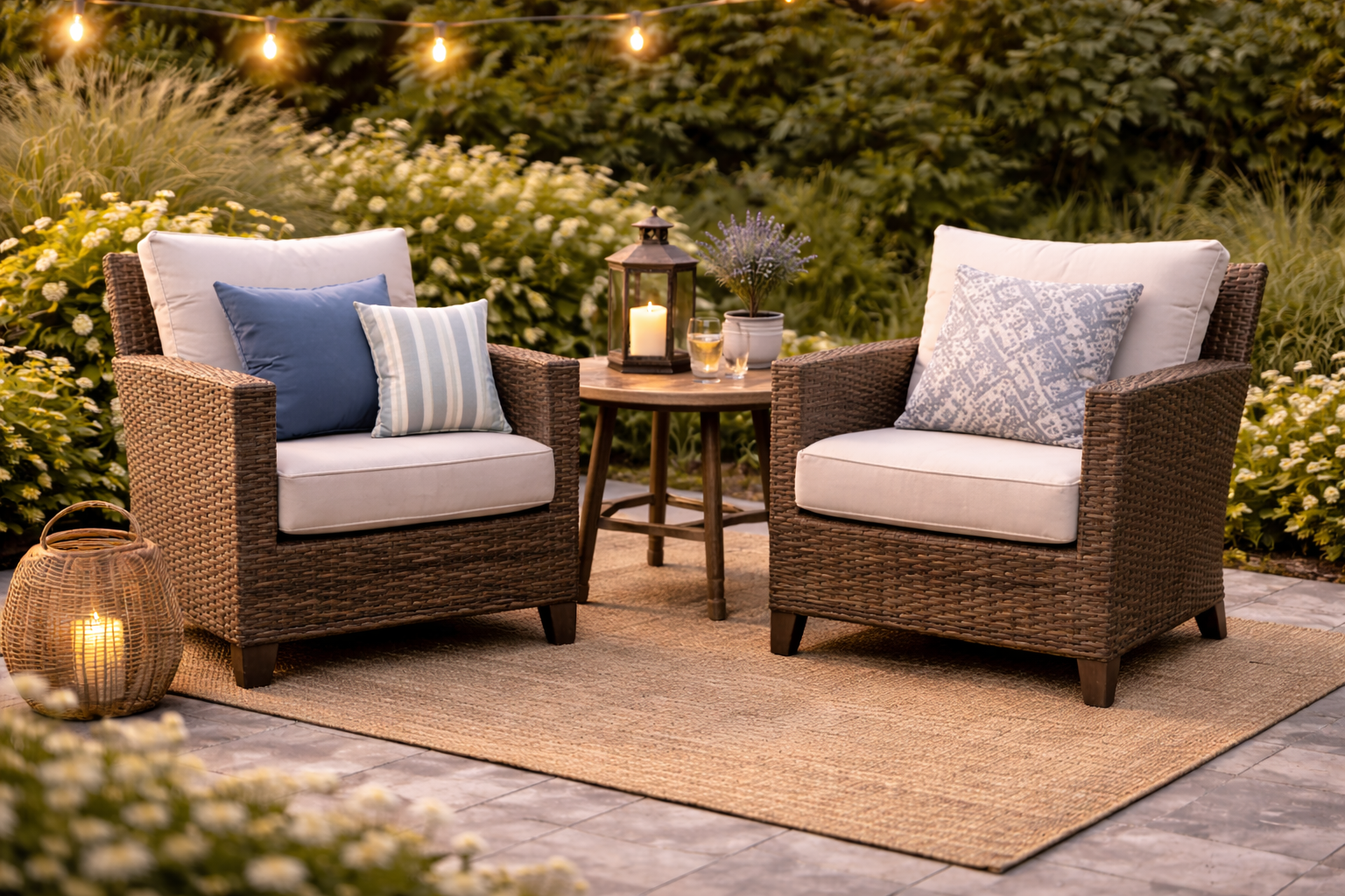 Outdoor patio chairs with cushions arranged in a backyard seating area