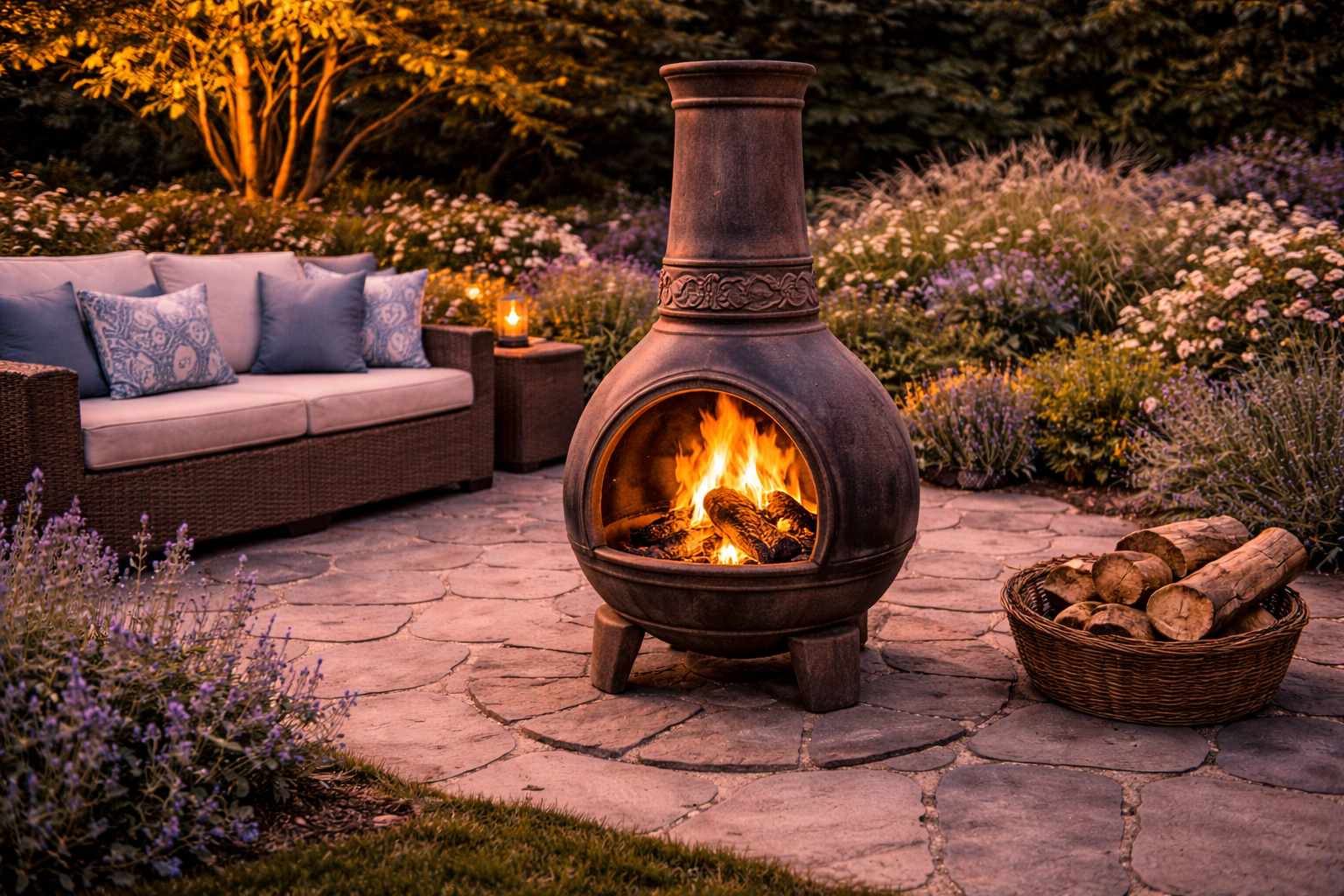 Outdoor chimenea fireplace on patio with seating area and warm glow