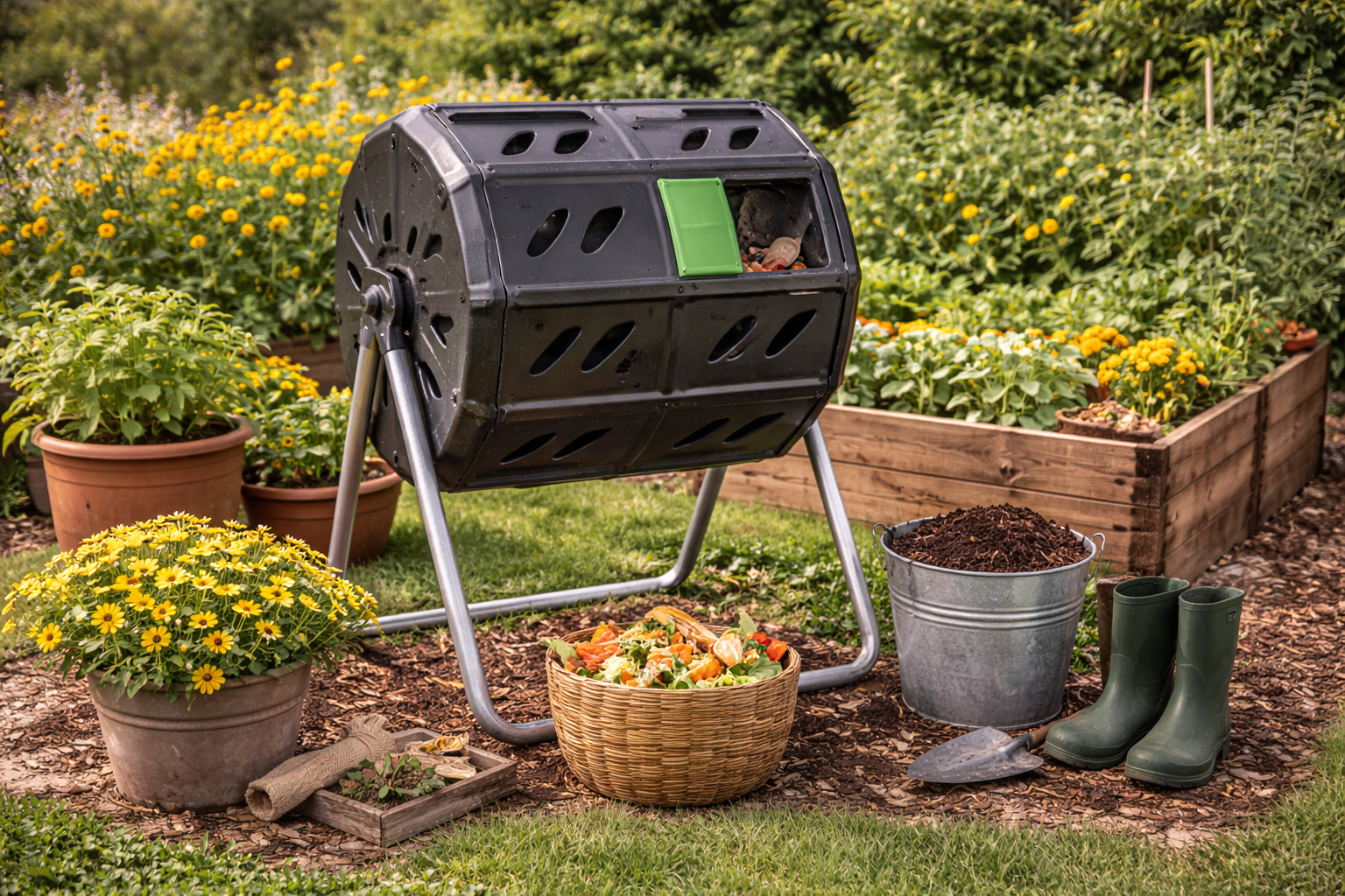 Outdoor compost bin in backyard garden setting