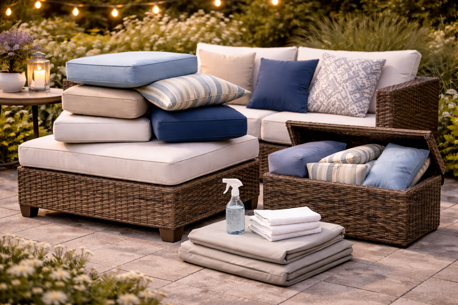 Outdoor patio cushions and protective furniture covers on a backyard seating area