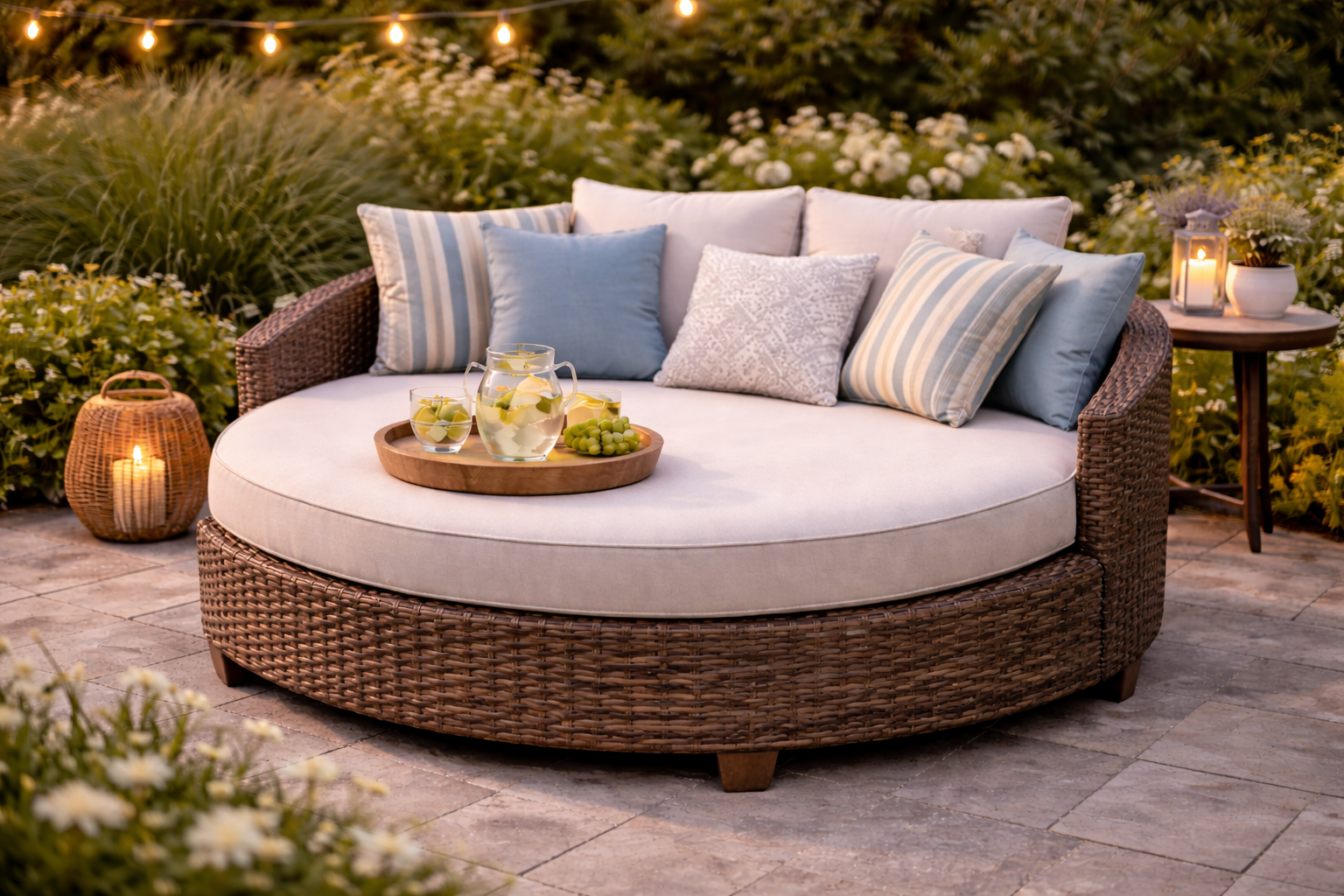 Outdoor patio daybed with cushions and canopy on a backyard patio