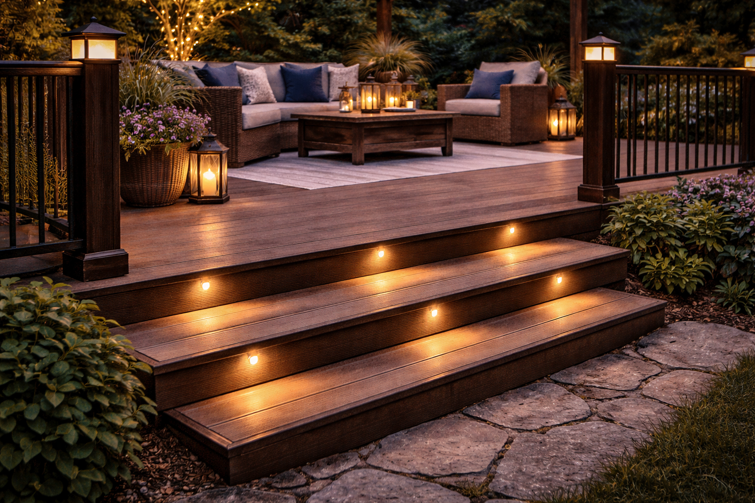 Deck lights installed on steps and railing at night