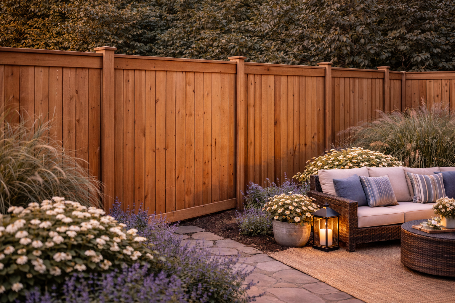Outdoor privacy fence panel with plants creating secluded backyard space