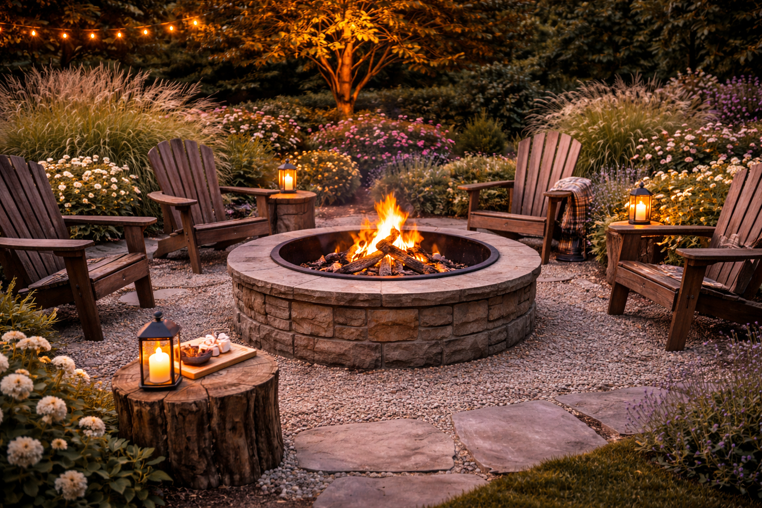 Outdoor fire ring installed in backyard fire pit area with seating