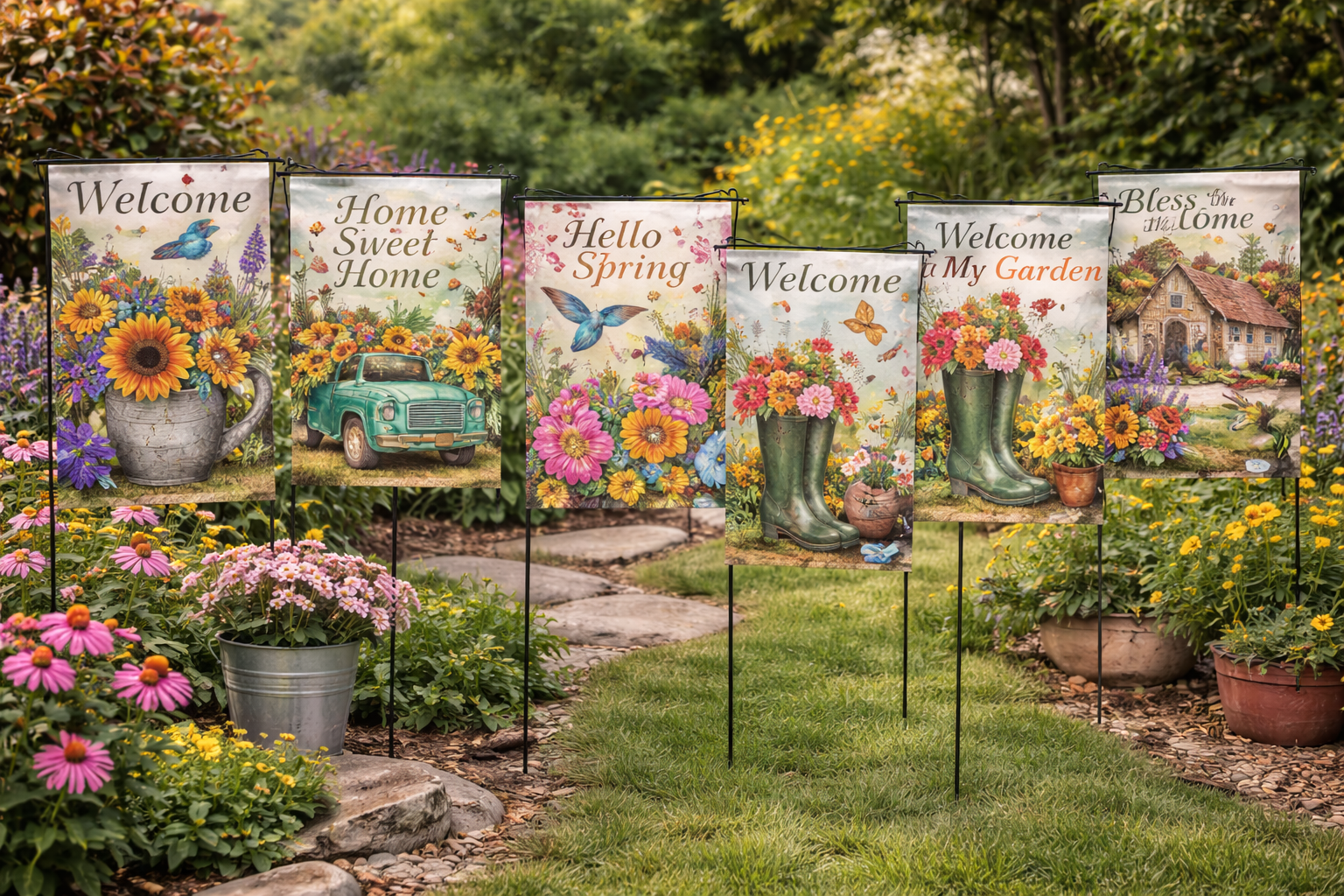 Decorative garden flags displayed in landscaped yard