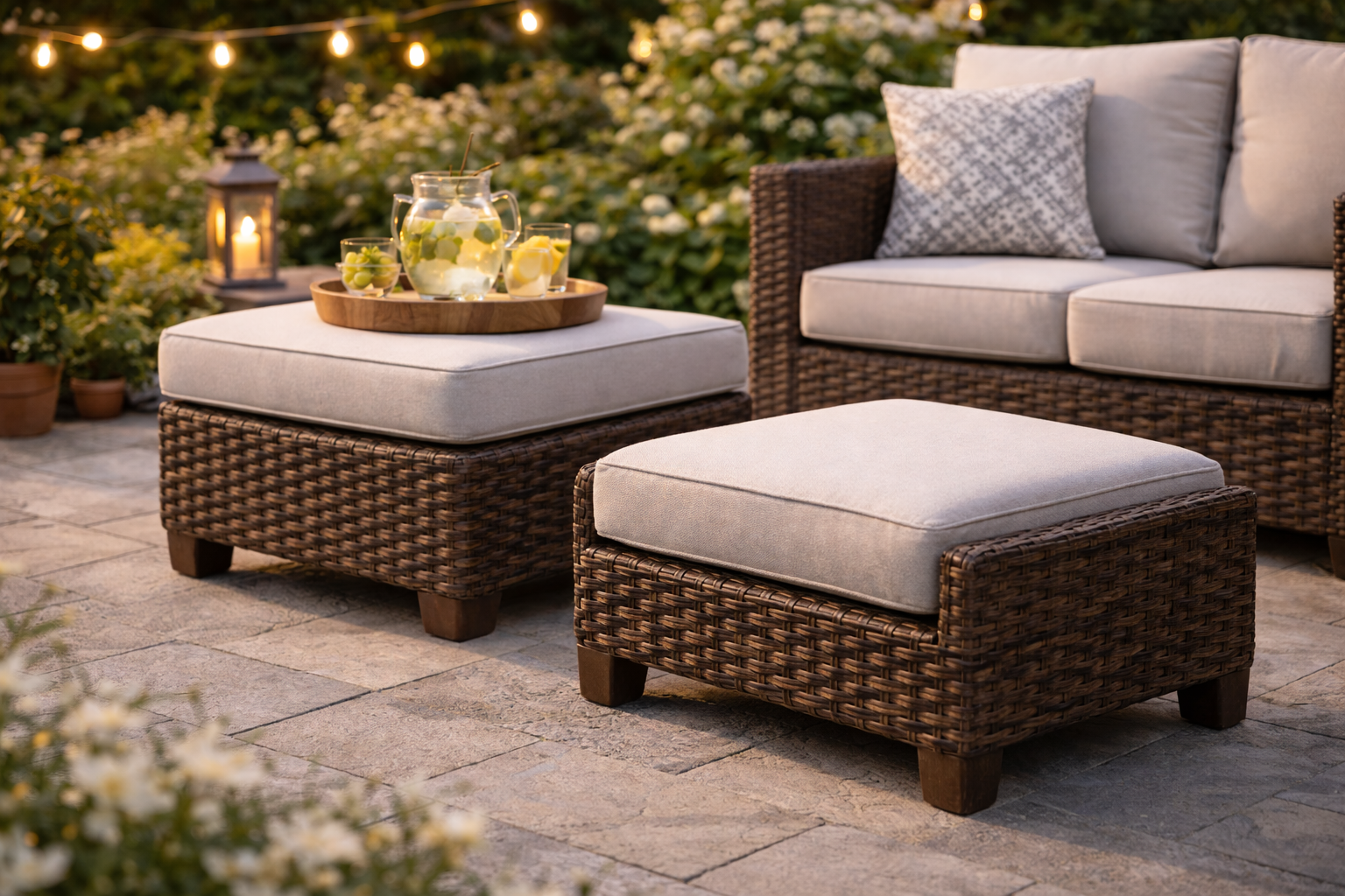 Outdoor ottoman and footstool placed in front of a patio chair in a backyard setting