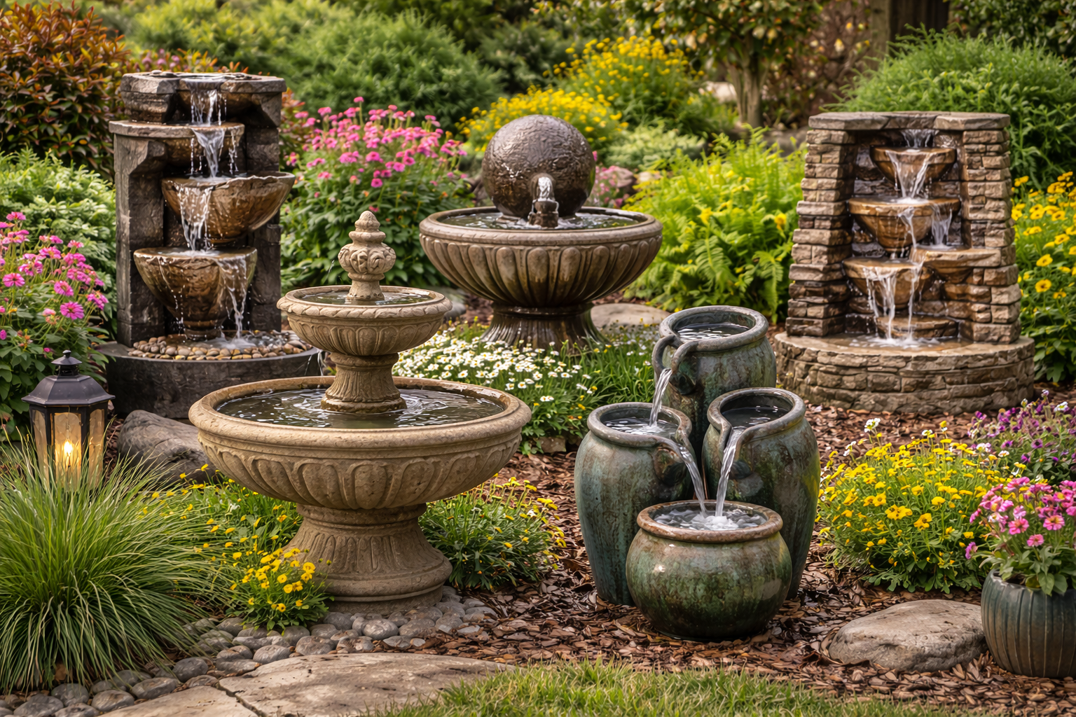 Decorative outdoor fountains surrounded by flowers and garden landscaping