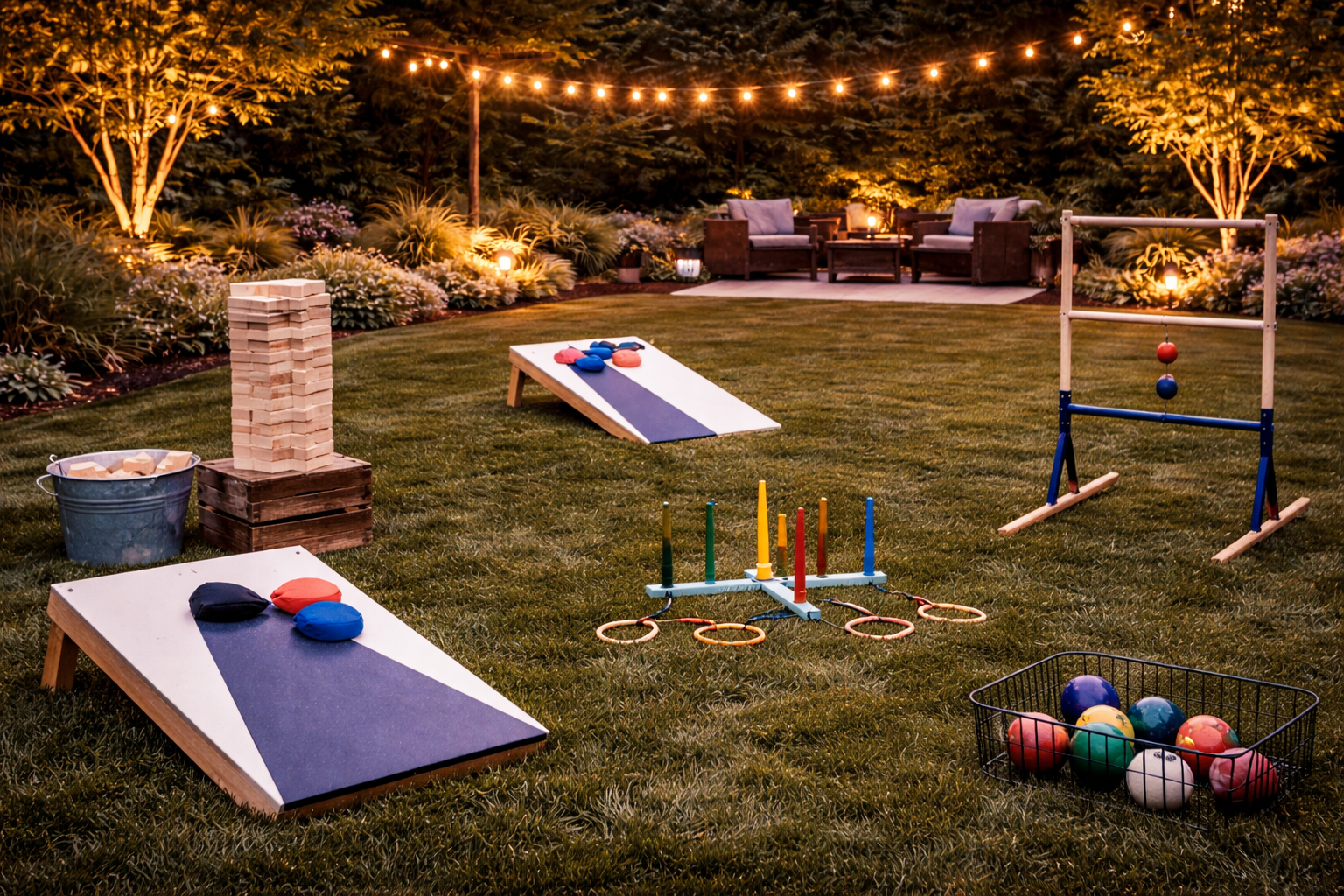 Backyard yard games setup with multiple outdoor activities