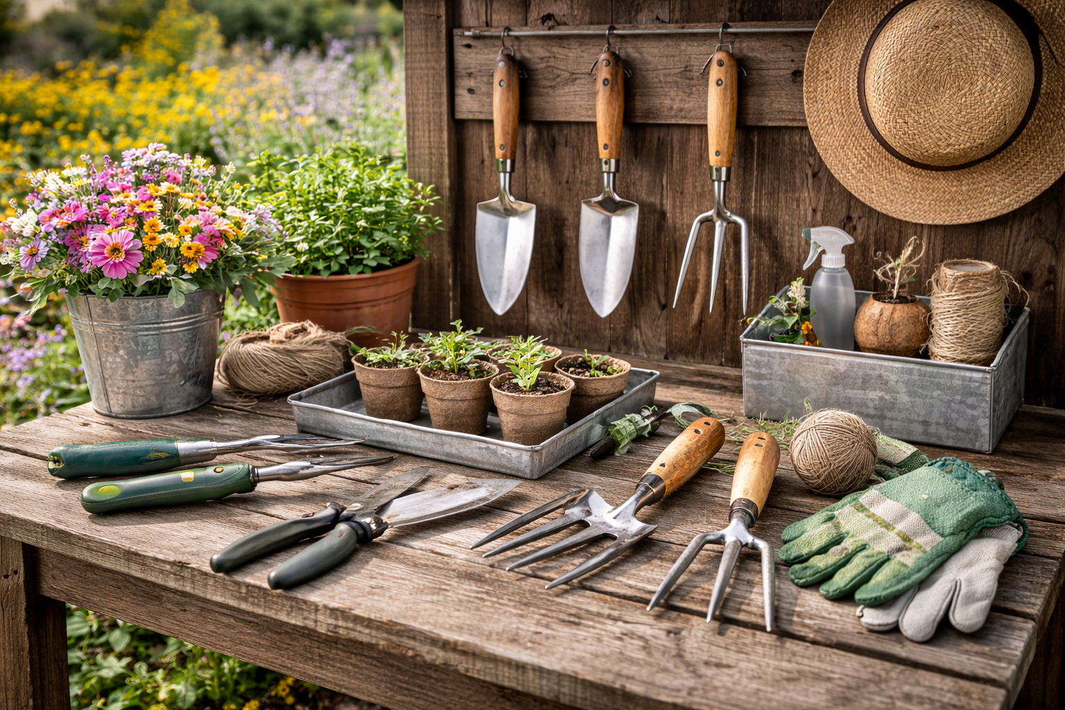 Gardening tools set arranged on outdoor patio workspace