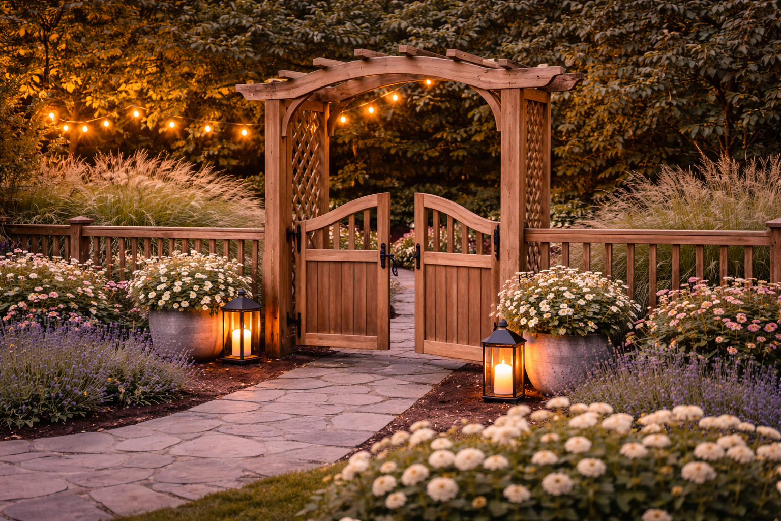 Garden gate entrance with pathway leading into landscaped backyard