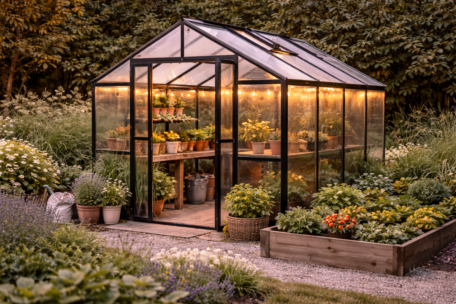 Outdoor greenhouse structure in backyard garden used for growing plants