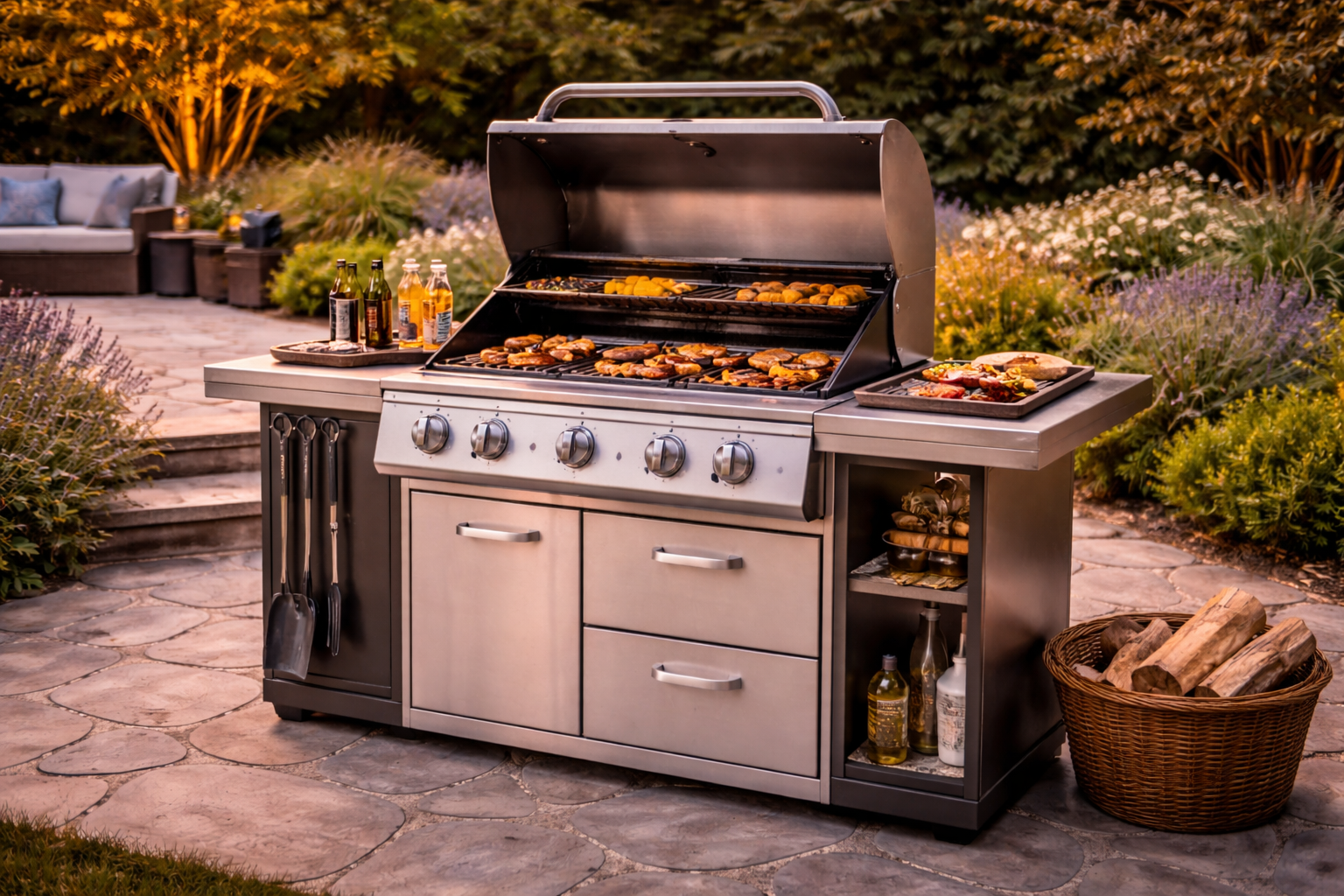 Outdoor grill cooking station on patio with food preparation area