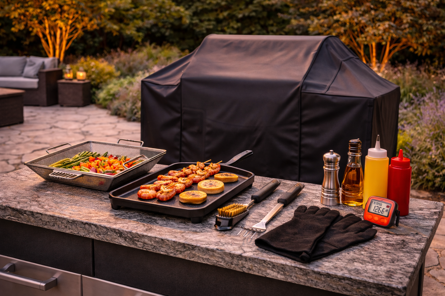 Outdoor grill accessories including tools cover and cooking add ons