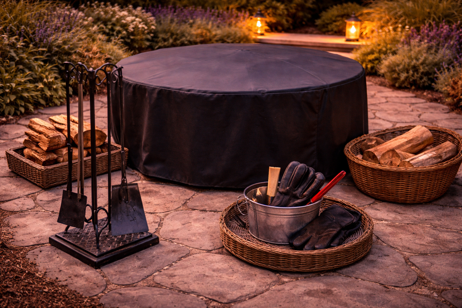 Outdoor fire pit accessories including tools and cover on patio