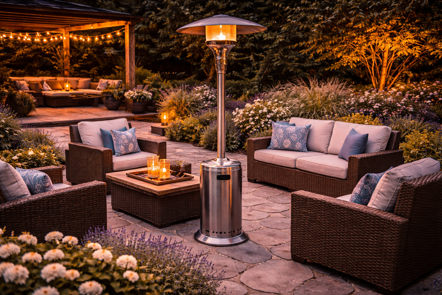 Outdoor patio heater providing warmth over seating area on deck