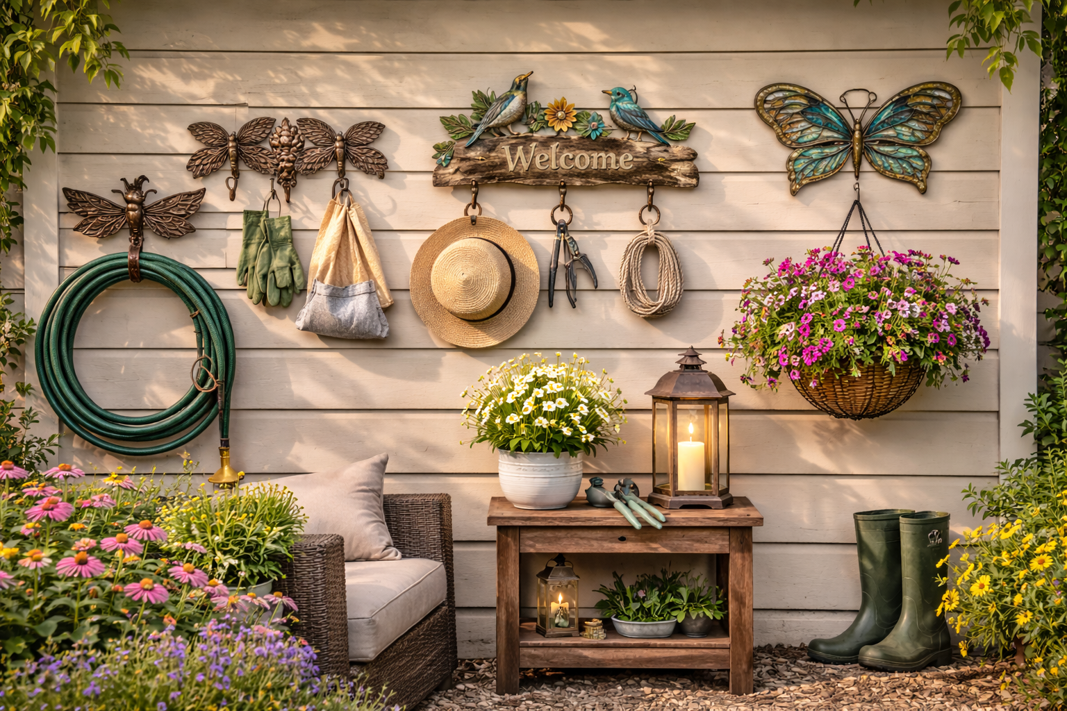 Outdoor hooks and hangers mounted on patio wall with decor