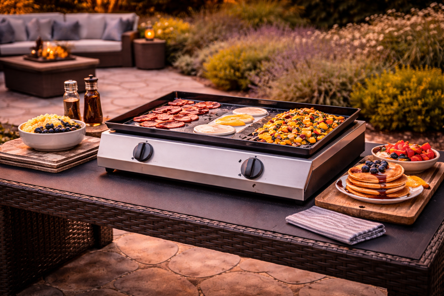 Portable outdoor hotplate cooking setup on patio table