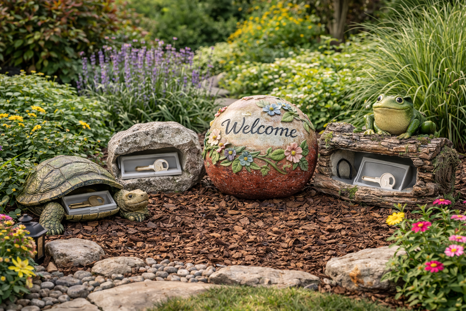 Outdoor key hiders disguised as decorative garden elements