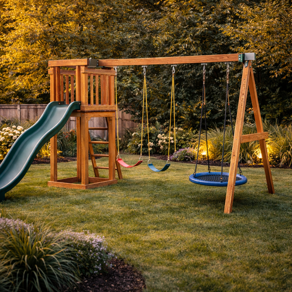 Backyard kids playset with swings slide and outdoor play area