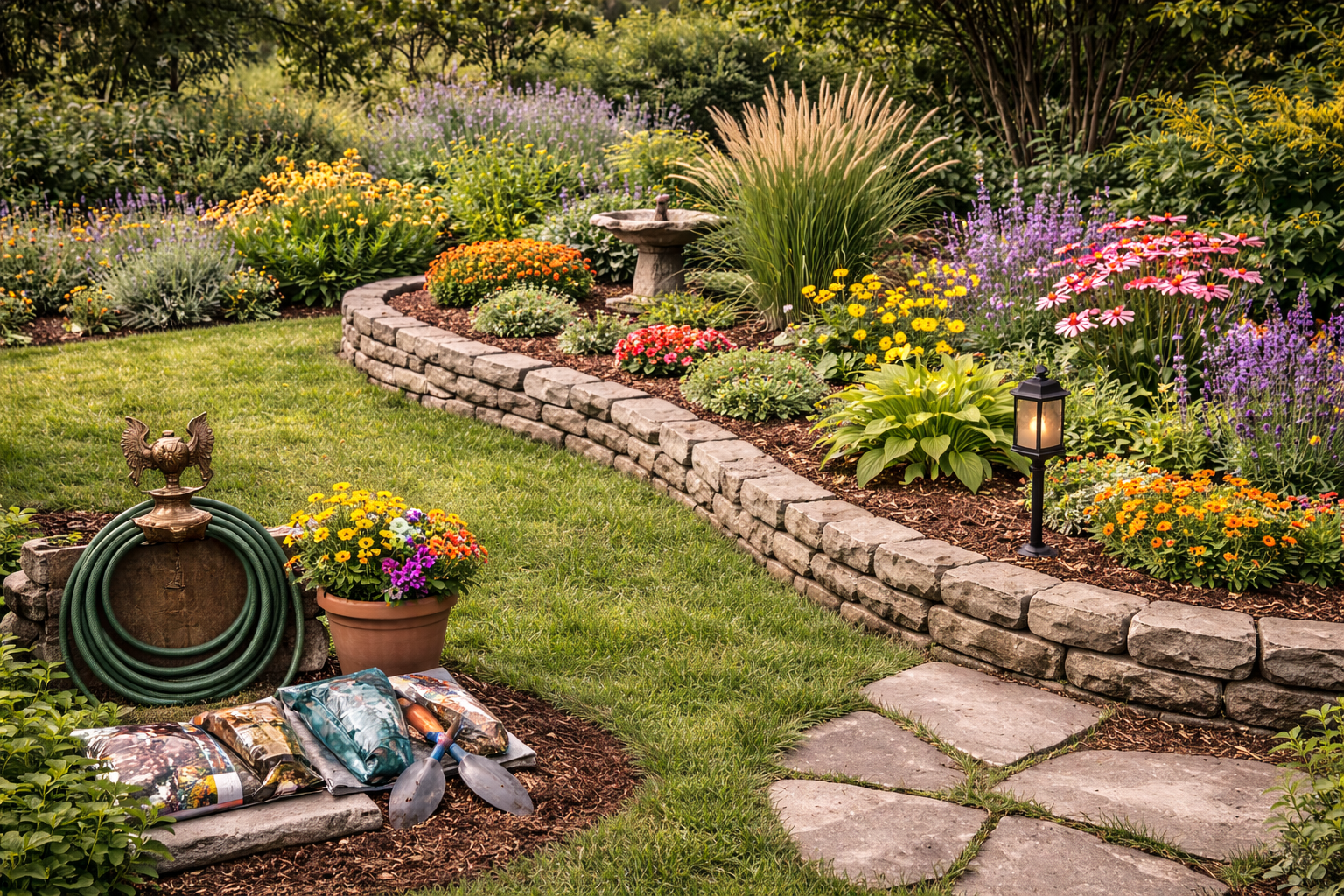 Landscaped backyard with garden beds and decorative features