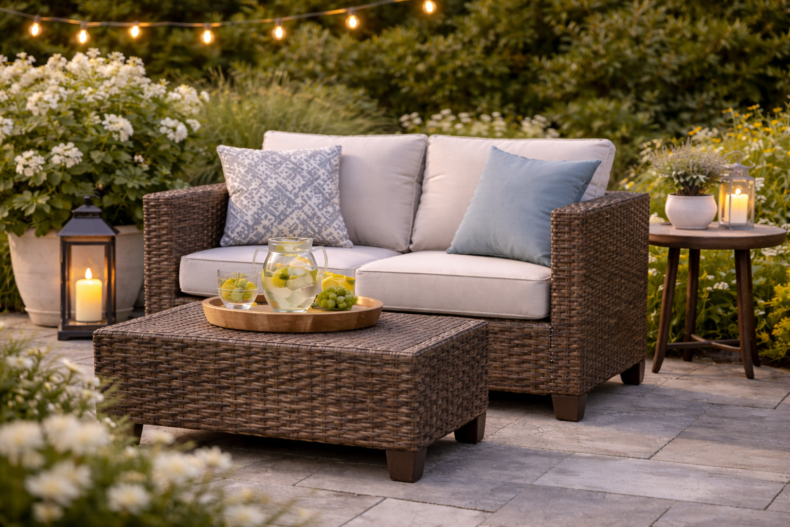 Outdoor patio loveseat with cushions placed on a deck seating area