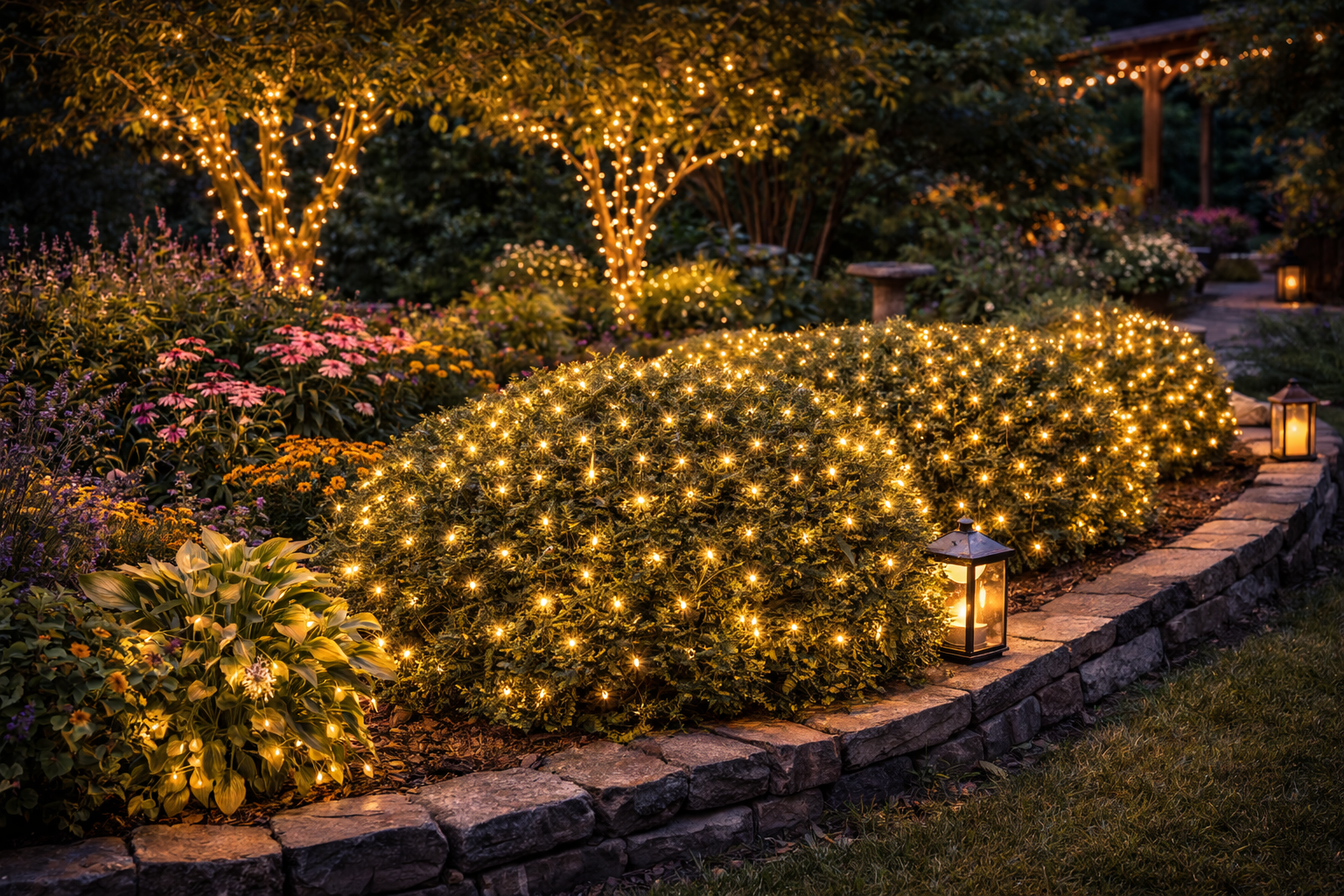 Fairy lights draped over bushes creating soft outdoor glow