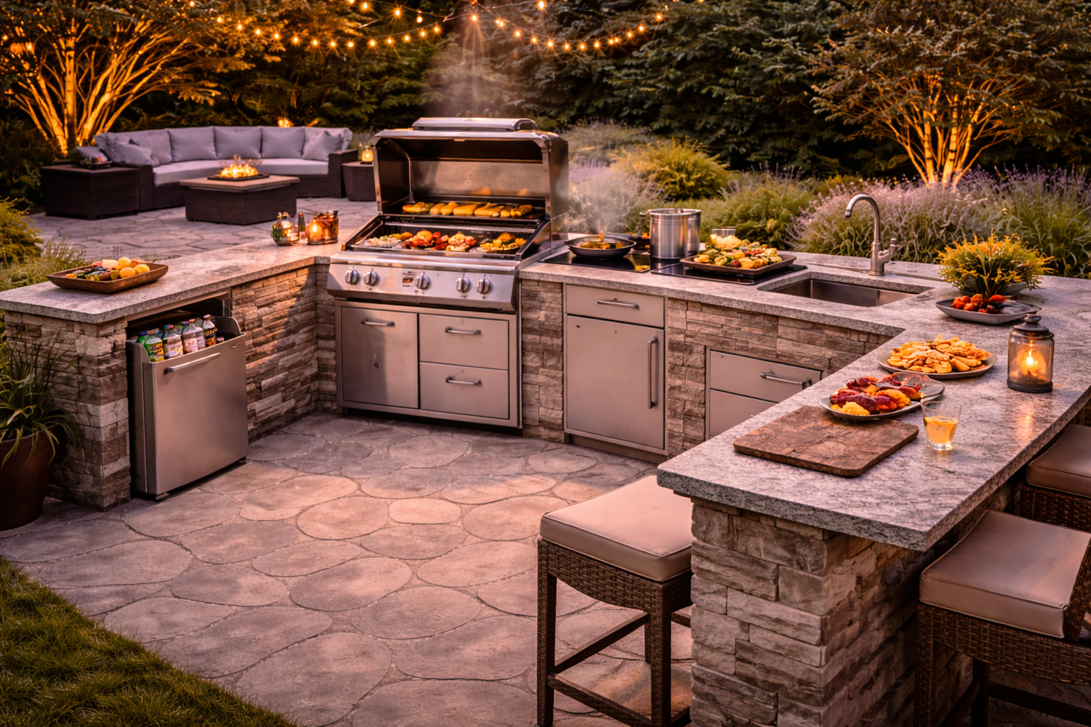 Outdoor kitchen setup with grill counter and seating area
