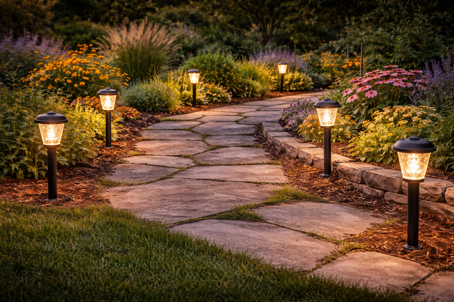 Outdoor pathway lights lining a garden walkway at dusk