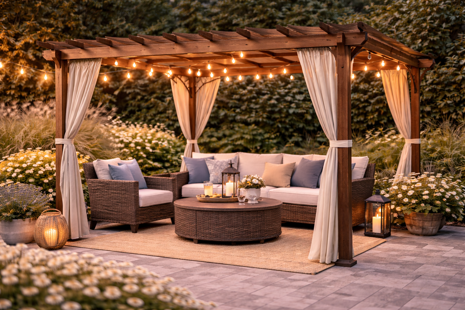 Outdoor pergola with lounge seating area on a backyard patio