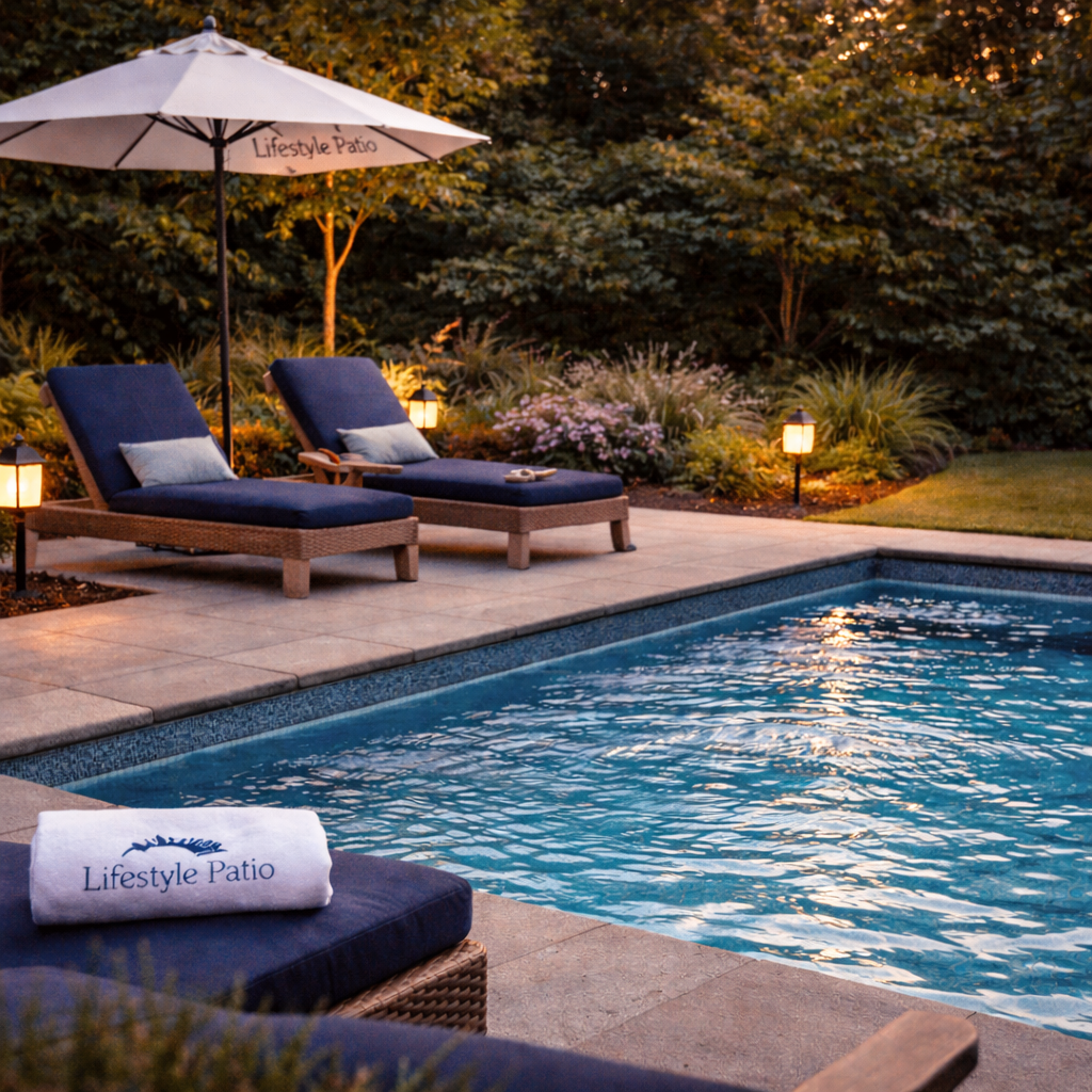 Backyard above ground pool with patio seating and landscaping