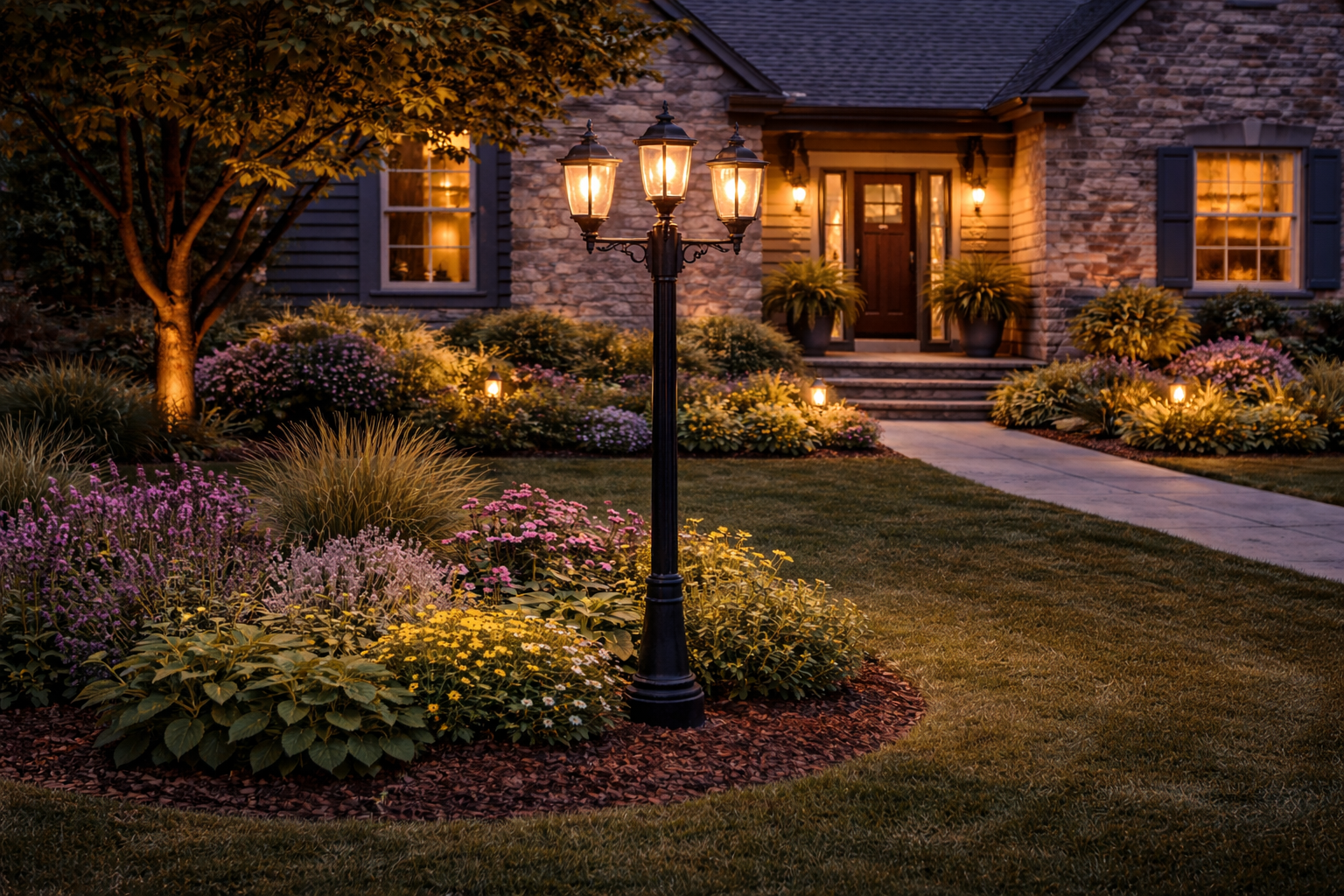 Post lights mounted on deck posts illuminating backyard
