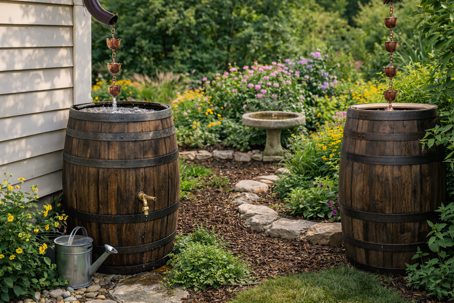 Decorative rain chain and rain barrel setup in landscaped garden