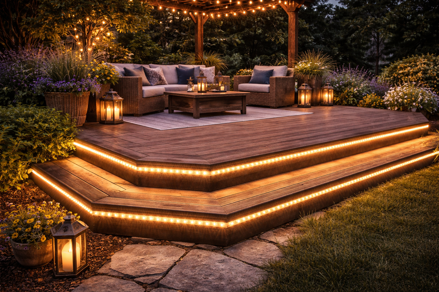 Rope lights outlining patio deck and steps at night