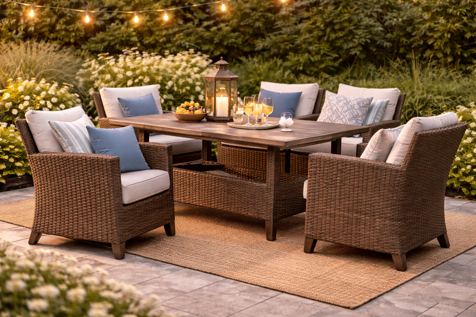 Outdoor patio furniture set with sectional seating and coffee table on backyard patio