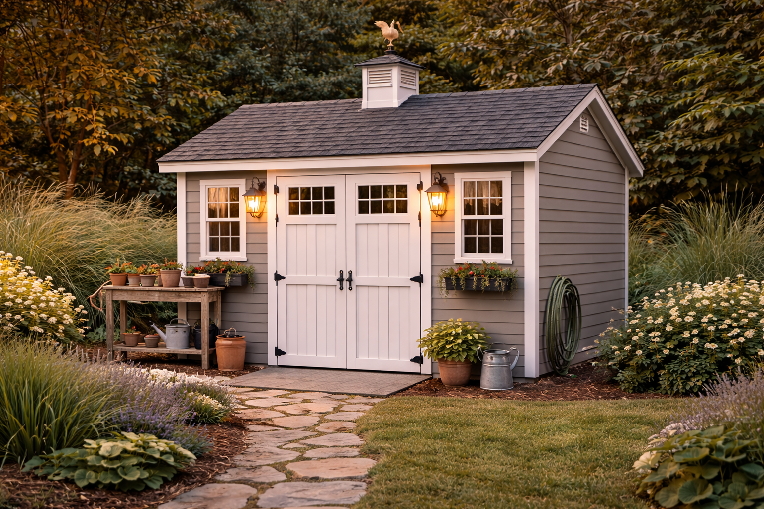 Outdoor storage shed placed in a backyard garden for tools and equipment
