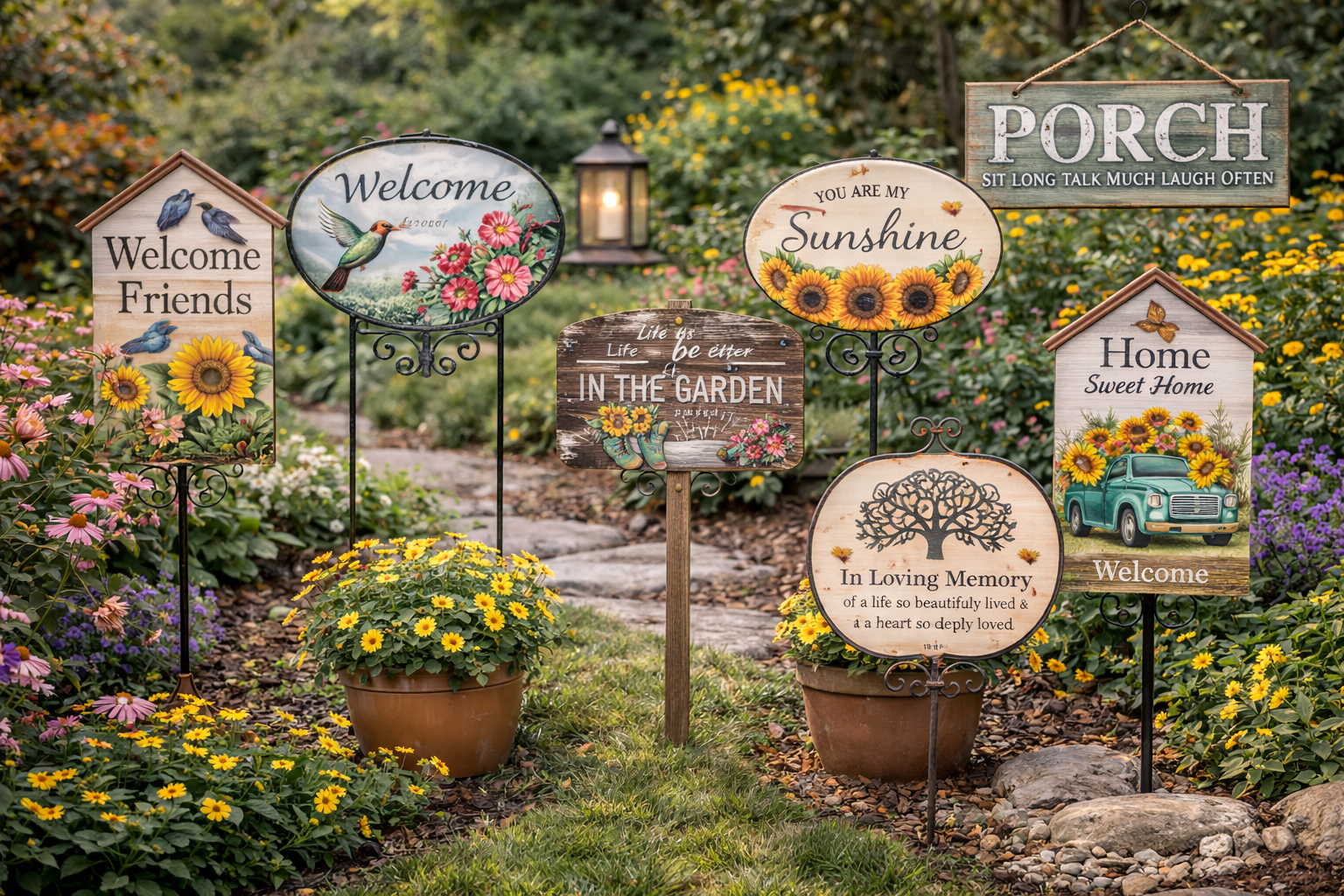 Decorative outdoor garden signs displayed among flowers