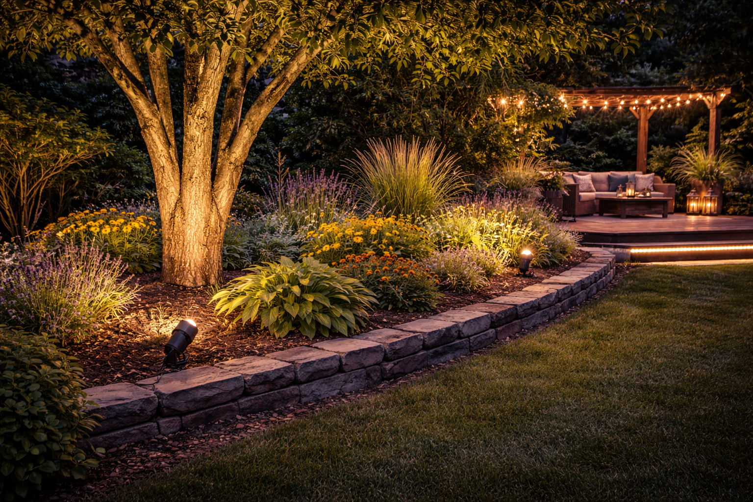 Outdoor spotlight illuminating tree and landscaping at night