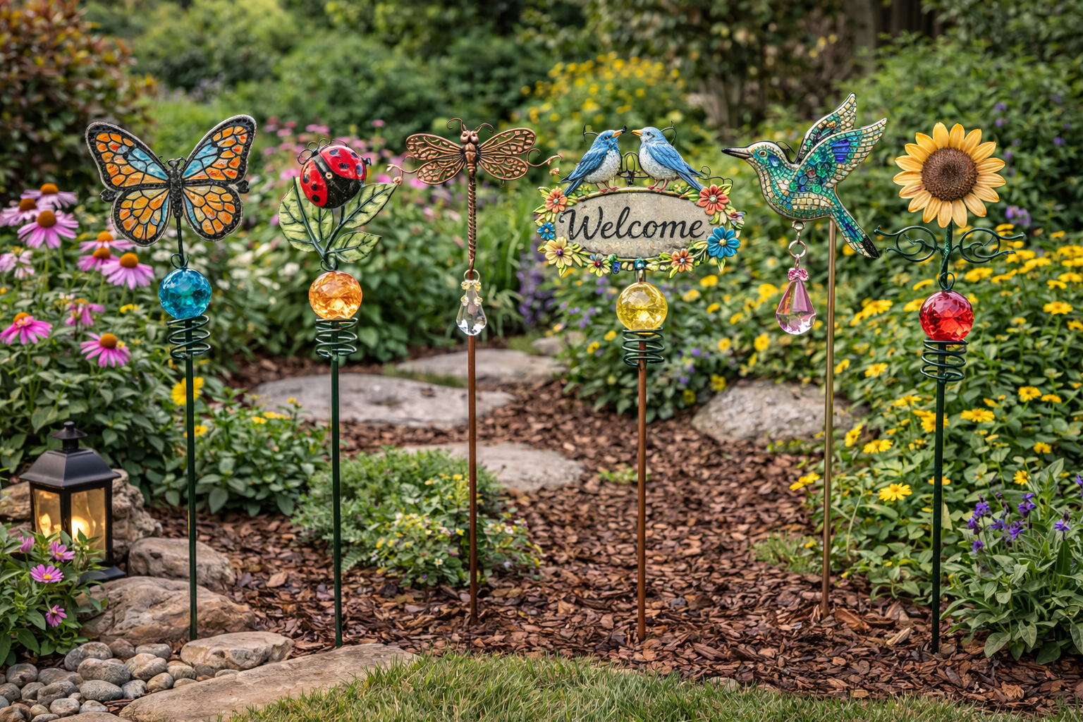 Colorful decorative garden stakes displayed in flower bed