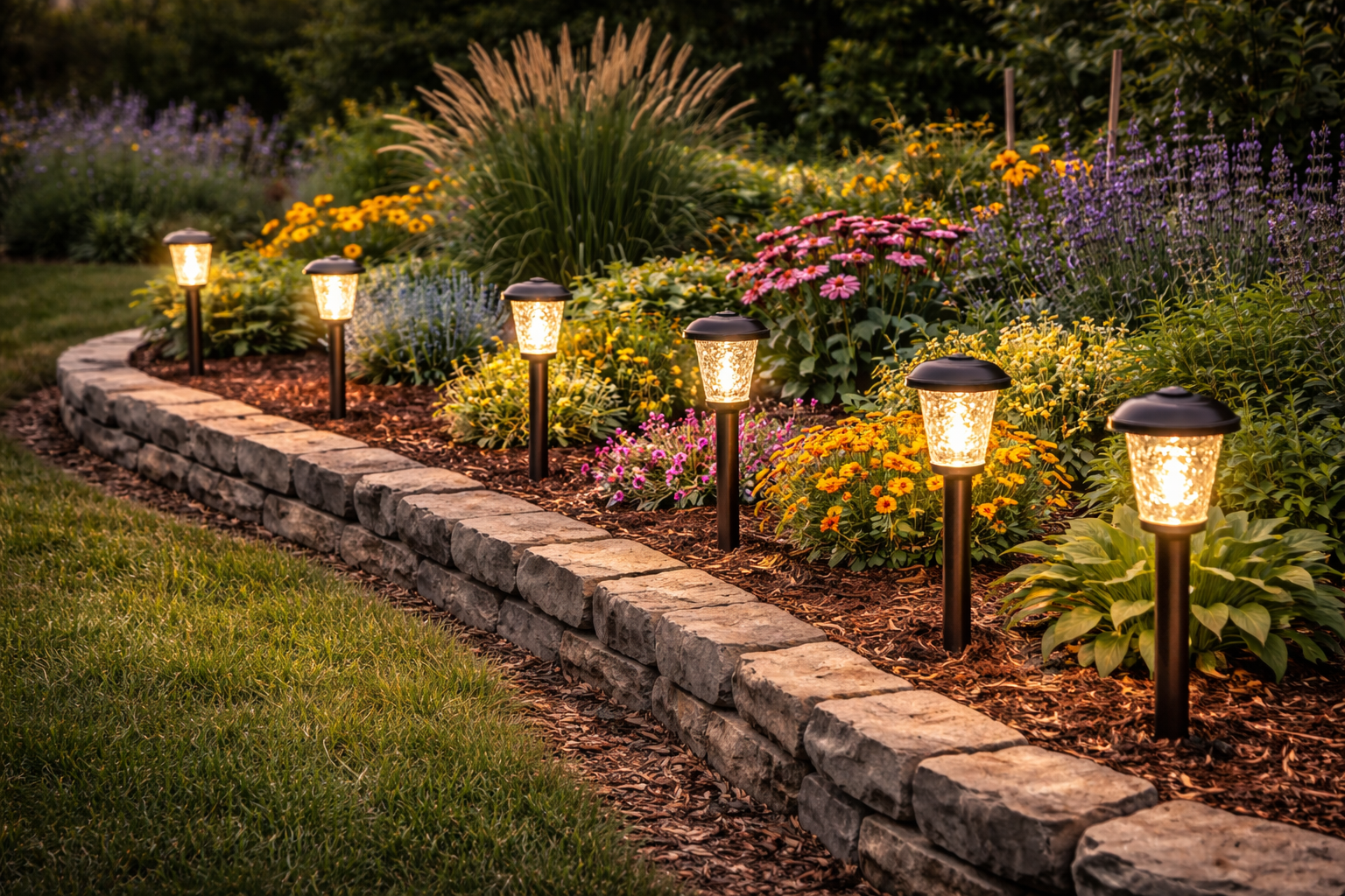 Garden stake lights illuminating flower beds at night