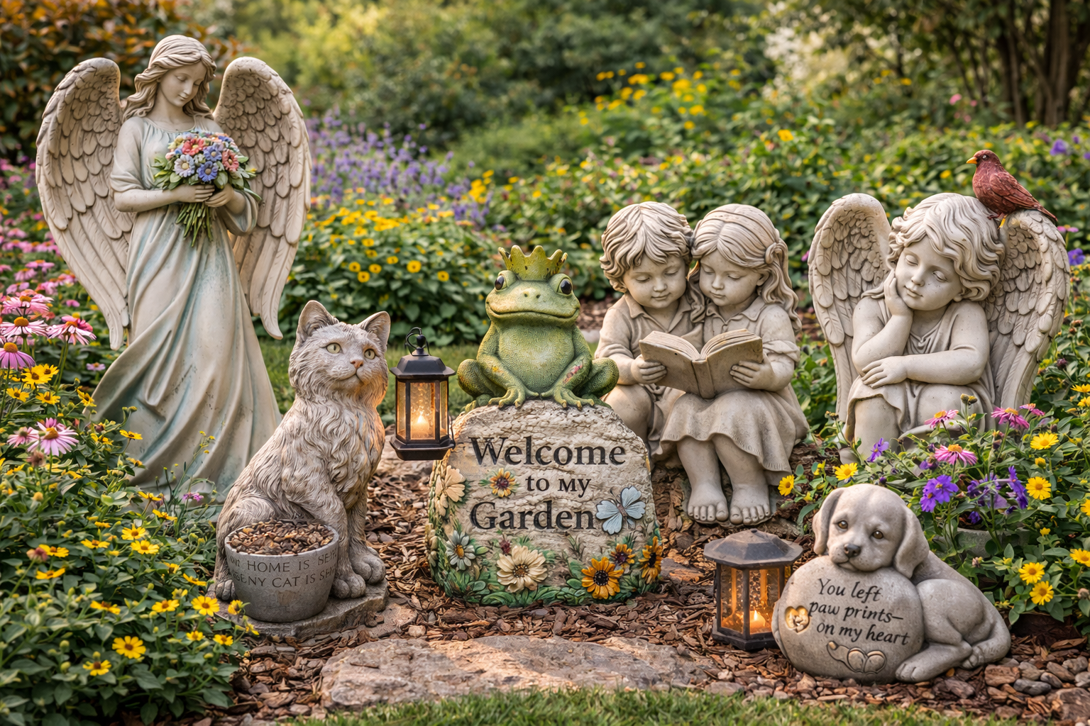 Decorative garden statues displayed in landscaped setting