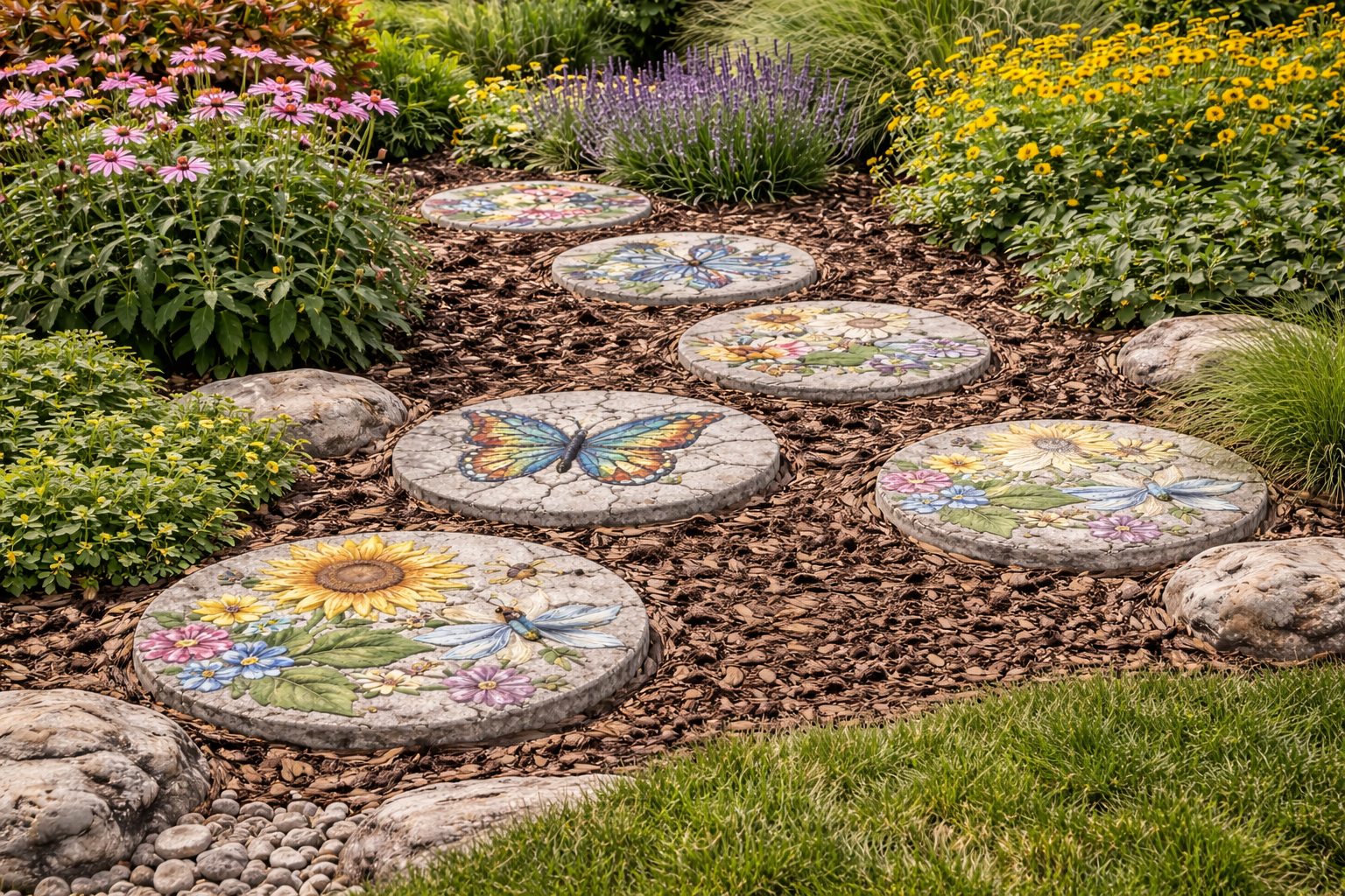 Garden pathway with decorative stepping stones and landscaping