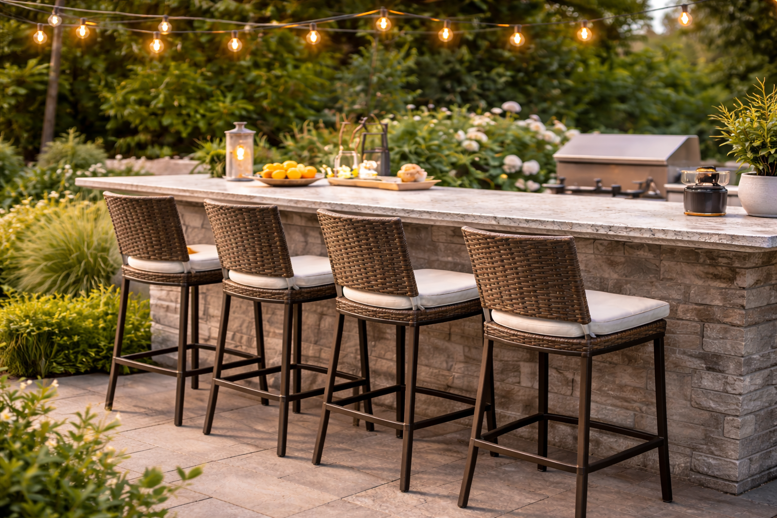 Outdoor patio stools placed around a bar-height table on a backyard patio